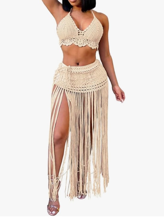 Other - Crochet Fringe Bikini Cover-Up Set in Beige ( a little lighter then the picture)
